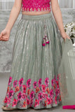 Rani Pink Embroidered Choli With Sage Green Sequin Floral Lehenga and Dupatta For Girls