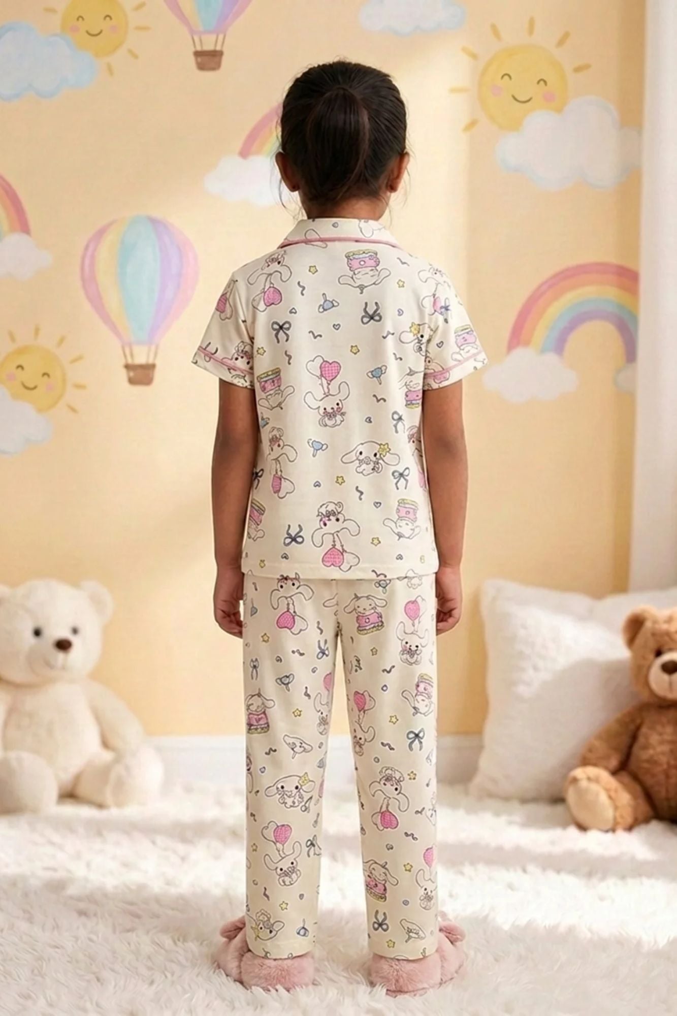 Girls Cream Bunny Print Night Suit Set