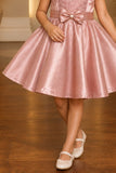 Dusty Pink Satin Party Frock with Floral Lace Bodice