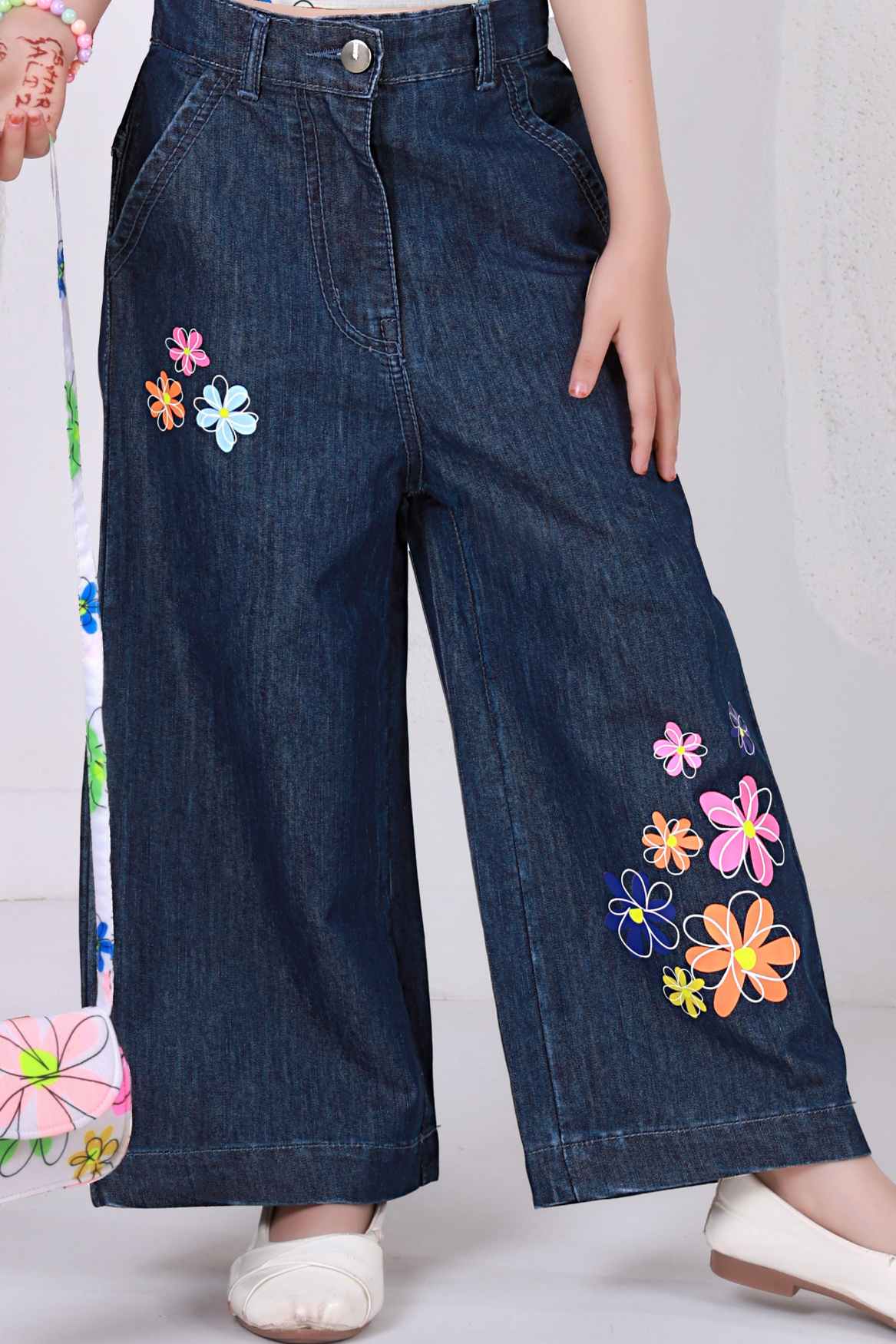 Multicolor Floral Printed Shirt With Dark Blue Embroidered Wide Leg Denim Pants Set For Girls