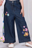 Multicolor Floral Printed Shirt With Dark Blue Embroidered Wide Leg Denim Pants Set For Girls