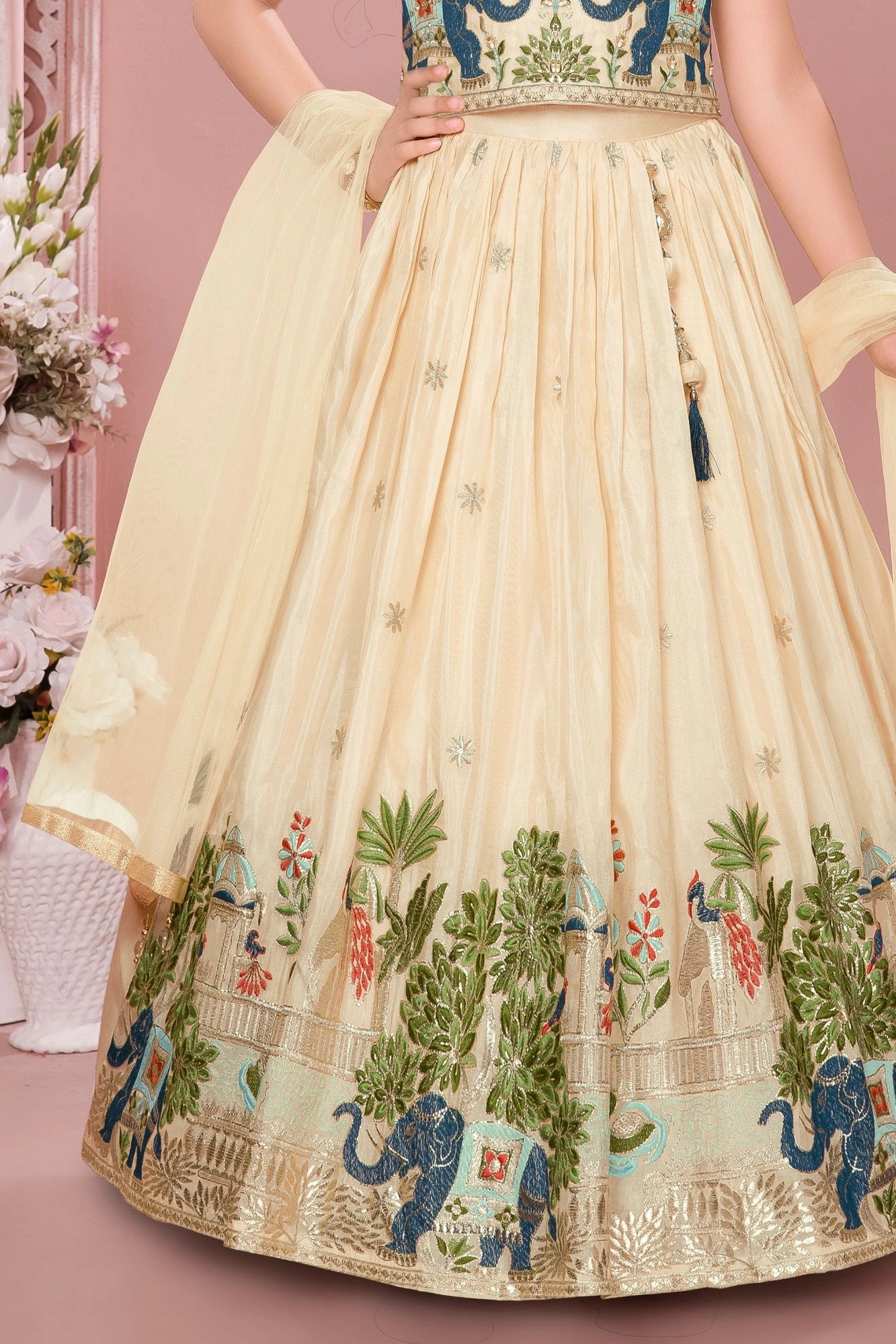 Cream Lehenga Choli Set With Elephant Embroidery And Dupatta For Girls