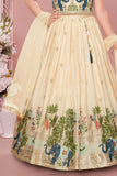 Cream Lehenga Choli Set With Elephant Embroidery And Dupatta For Girls