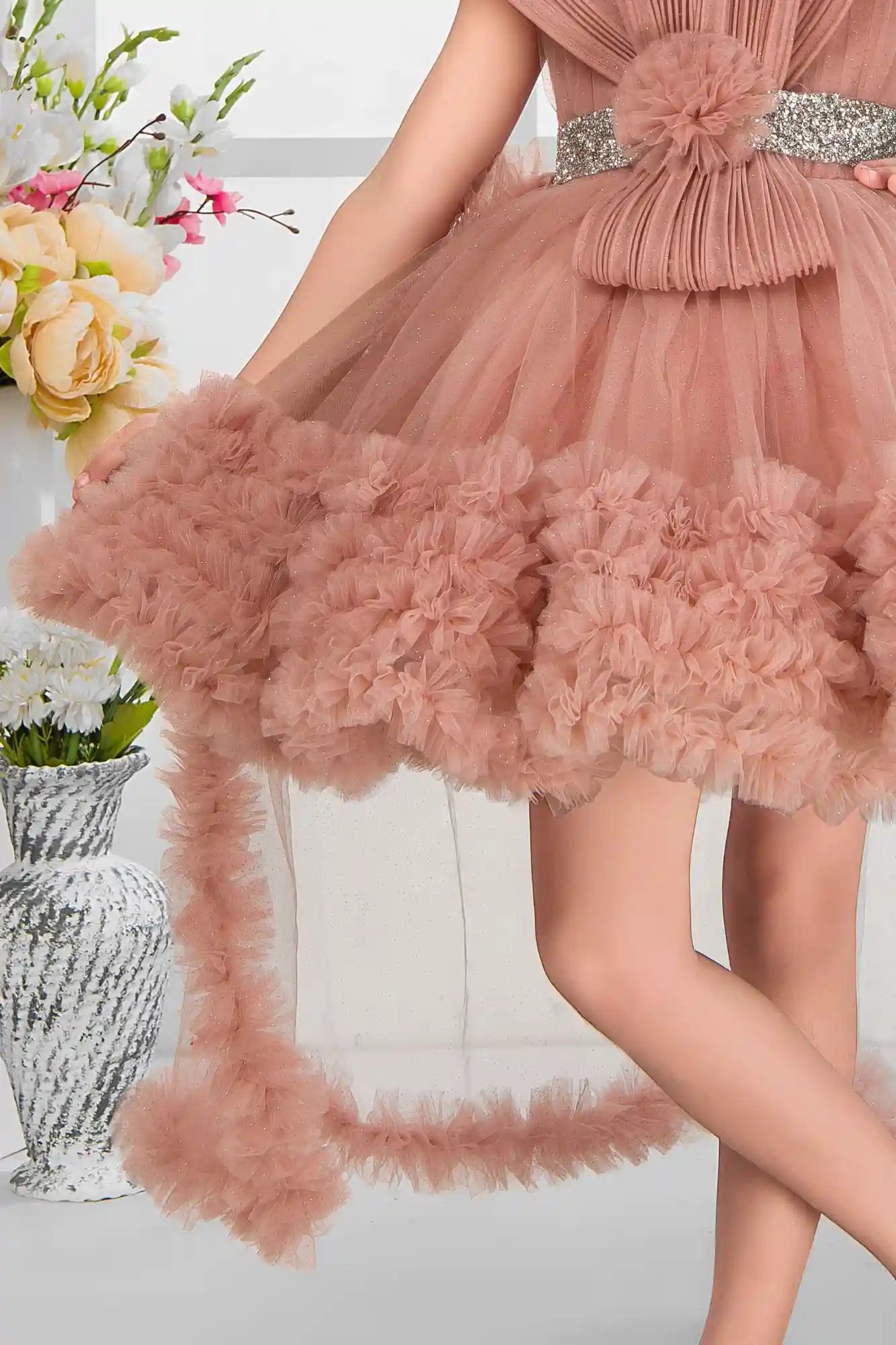 Dusty Pink Shimmer Party Gown with Dramatic Ruffles And Bow Accent For Girls
