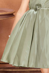 Olive Green Satin Frock With Floral Embellishment For Girls