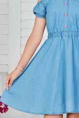 Fancy Denim Dress With Flat Collar For Girls