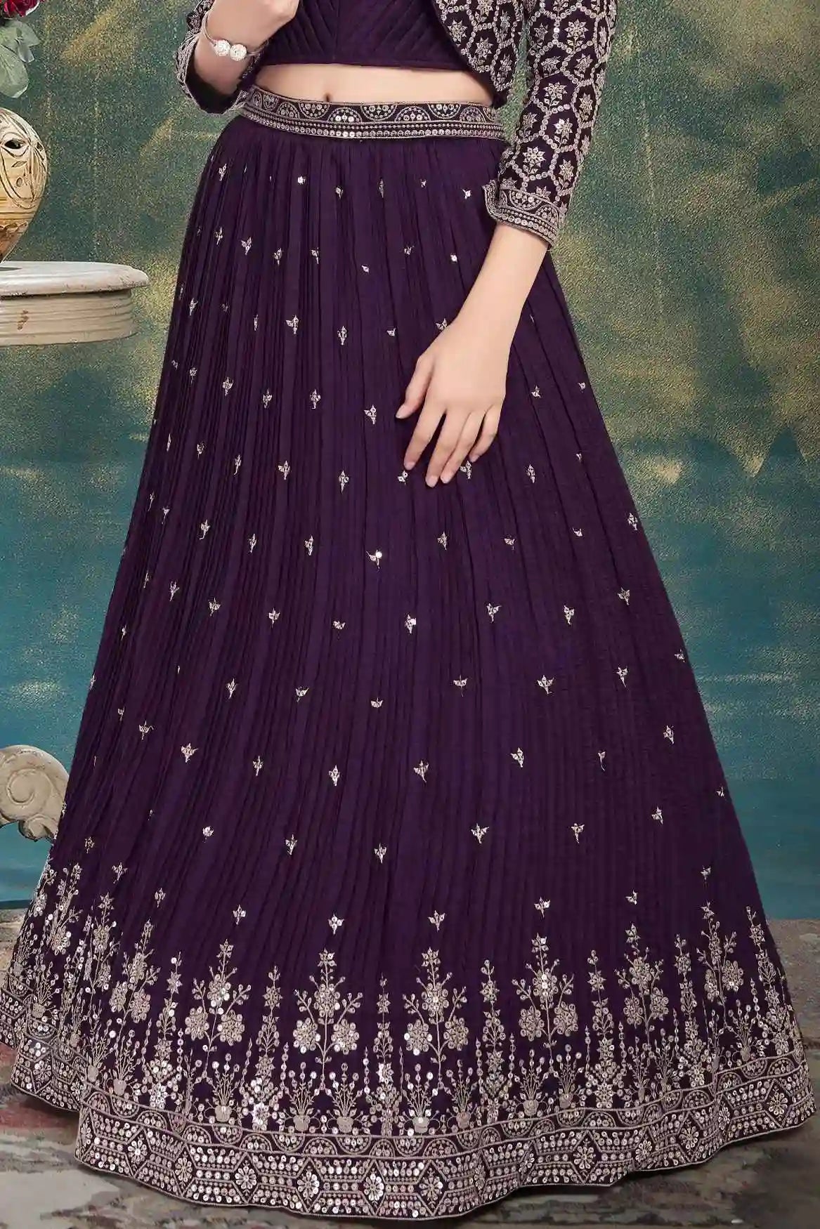 Deep Purple Embroidered Lehenga Choli With Jacket For Girls