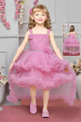 Pink Sleeveless Stone Work And Floral Embellished Tail Back Frock For Girls