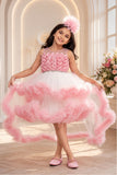 Peach High-Low Party Wear Tulle Frock with Ruffle Layers For Girls