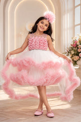 Peach High-Low Party Wear Tulle Frock with Ruffle Layers For Girls