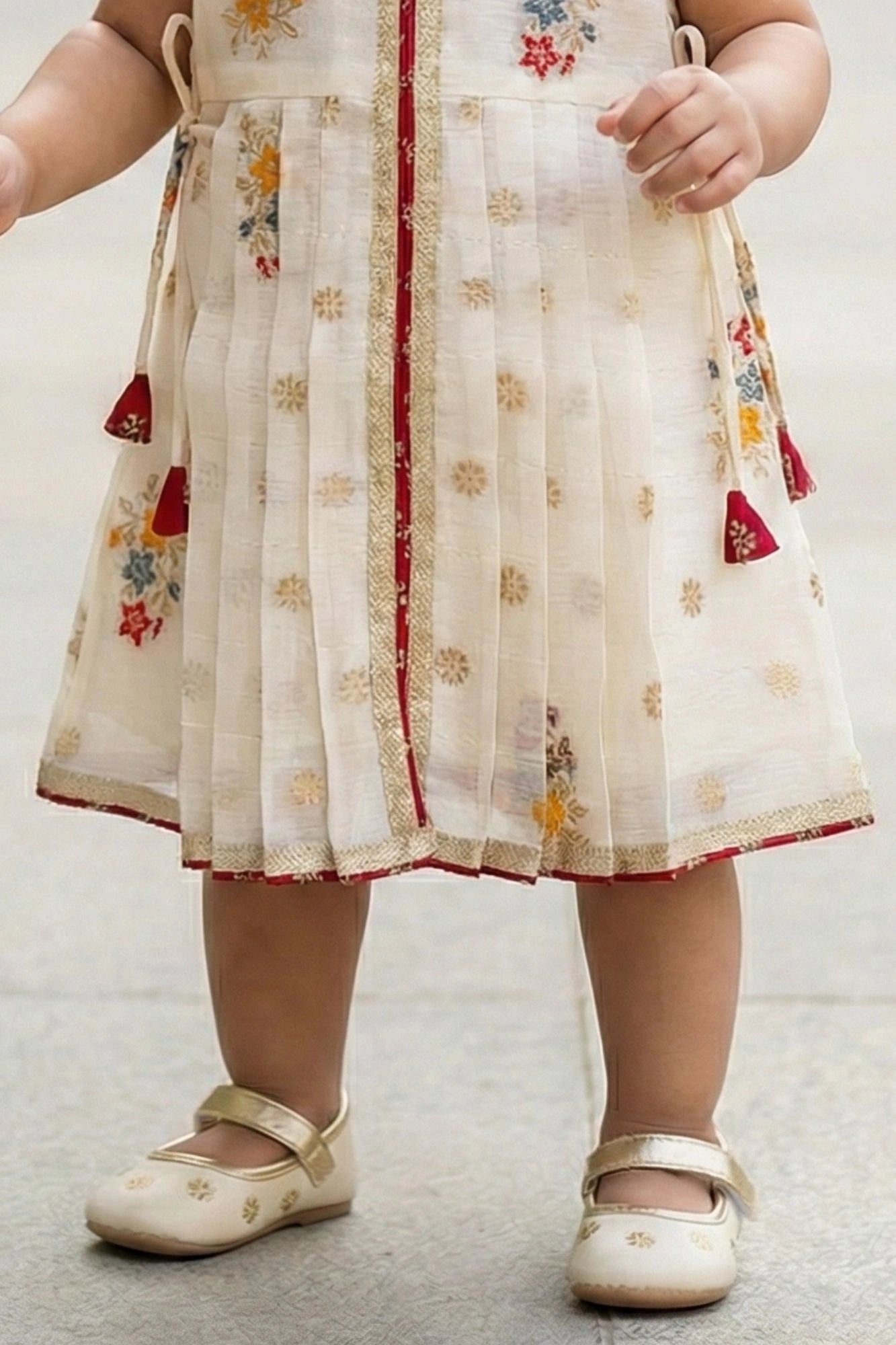 Cream Floral Embroidered Casual Dress with Tassel Detailing For Girls Lagorii Kids Cream Floral Embroidered Casual Dress with Tassel Detailing For Girls Lagorii Kids