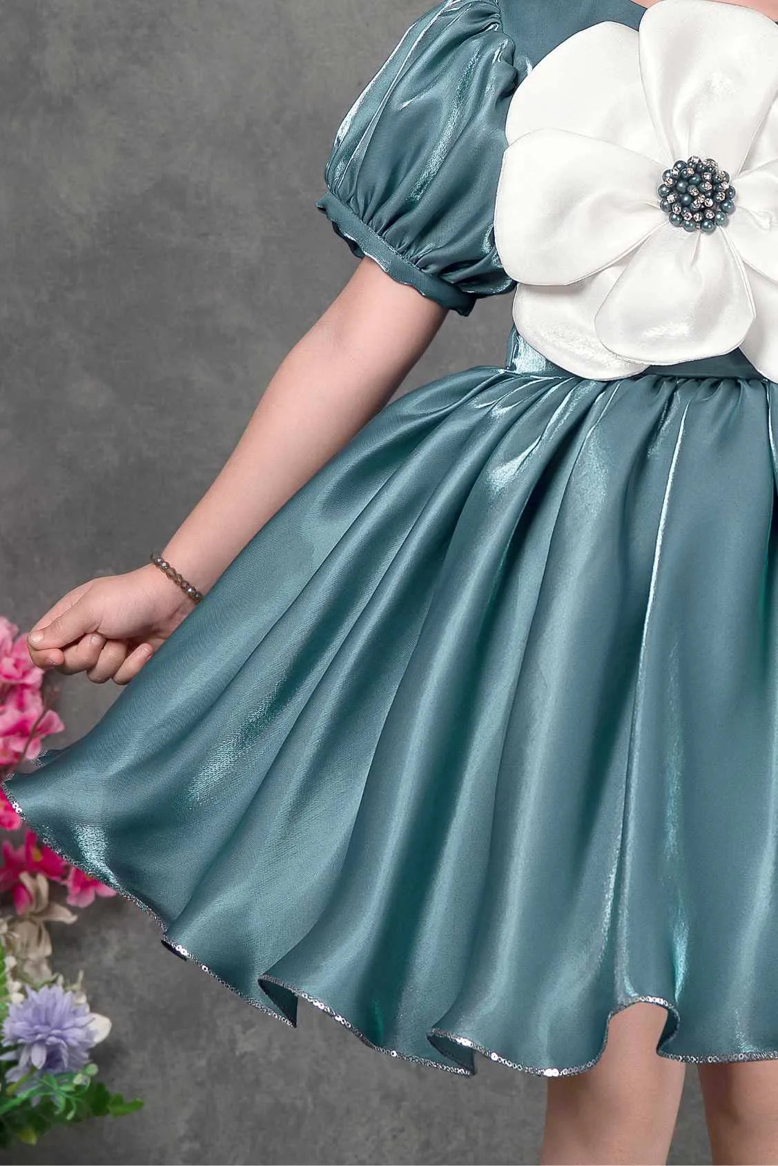 Teal Party Frock with Oversized Floral Appliqué For Girls