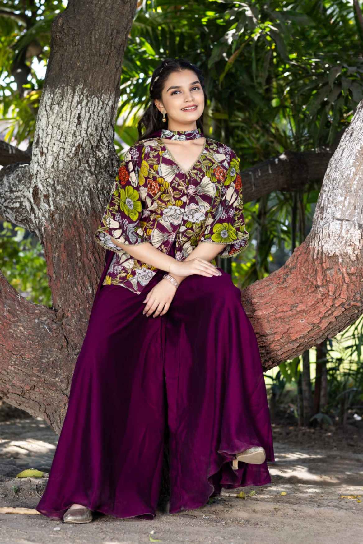 Stylish Wine Floral Printed Palazzo Set For Girls