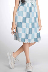 Blue Breeze Floral Checkered With Embroidered Bodice Dress For Girls