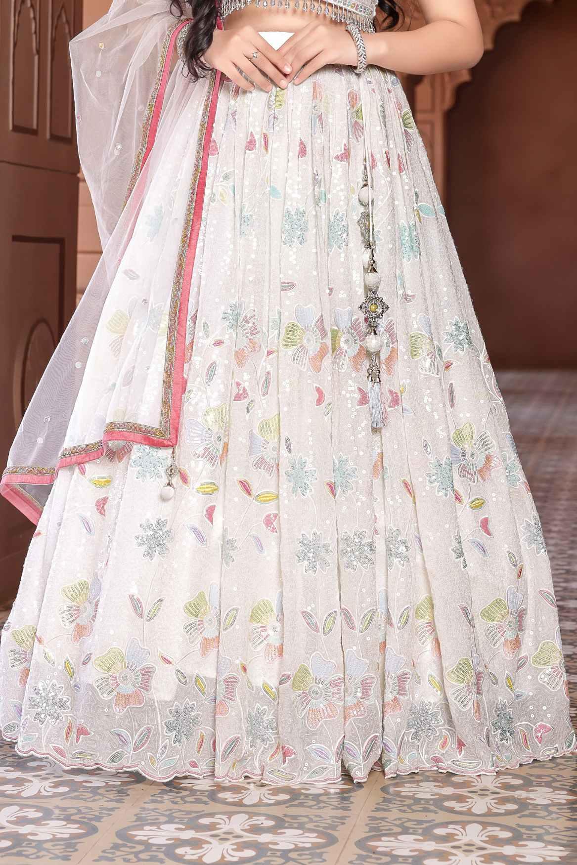 Elegant White Sequin Lehenga Choli Set With Dupatta For Girls - Lagorii Kids