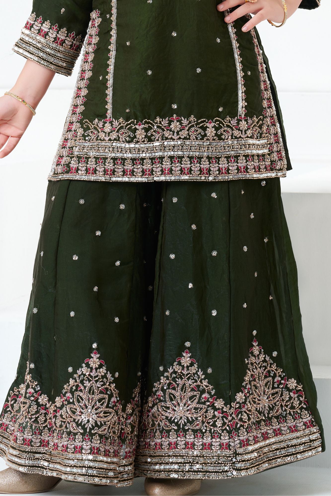 Dark Green Embroidered Kurti with Flared Palazzo Set For Girls