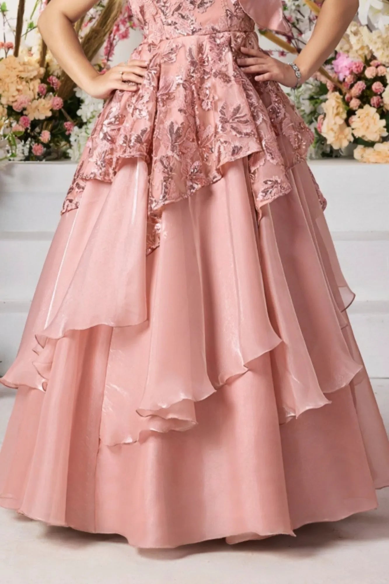 Peach Layered Gown with Ruffled Shoulder and Sequin Embroidery For Girls