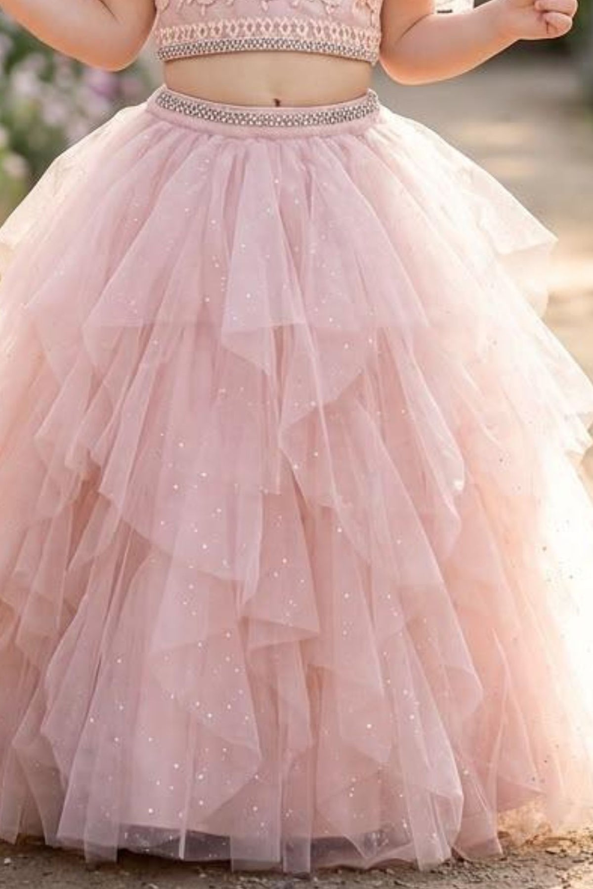 Blush Pink Floral Ruffle Lehenga Choli For Girls