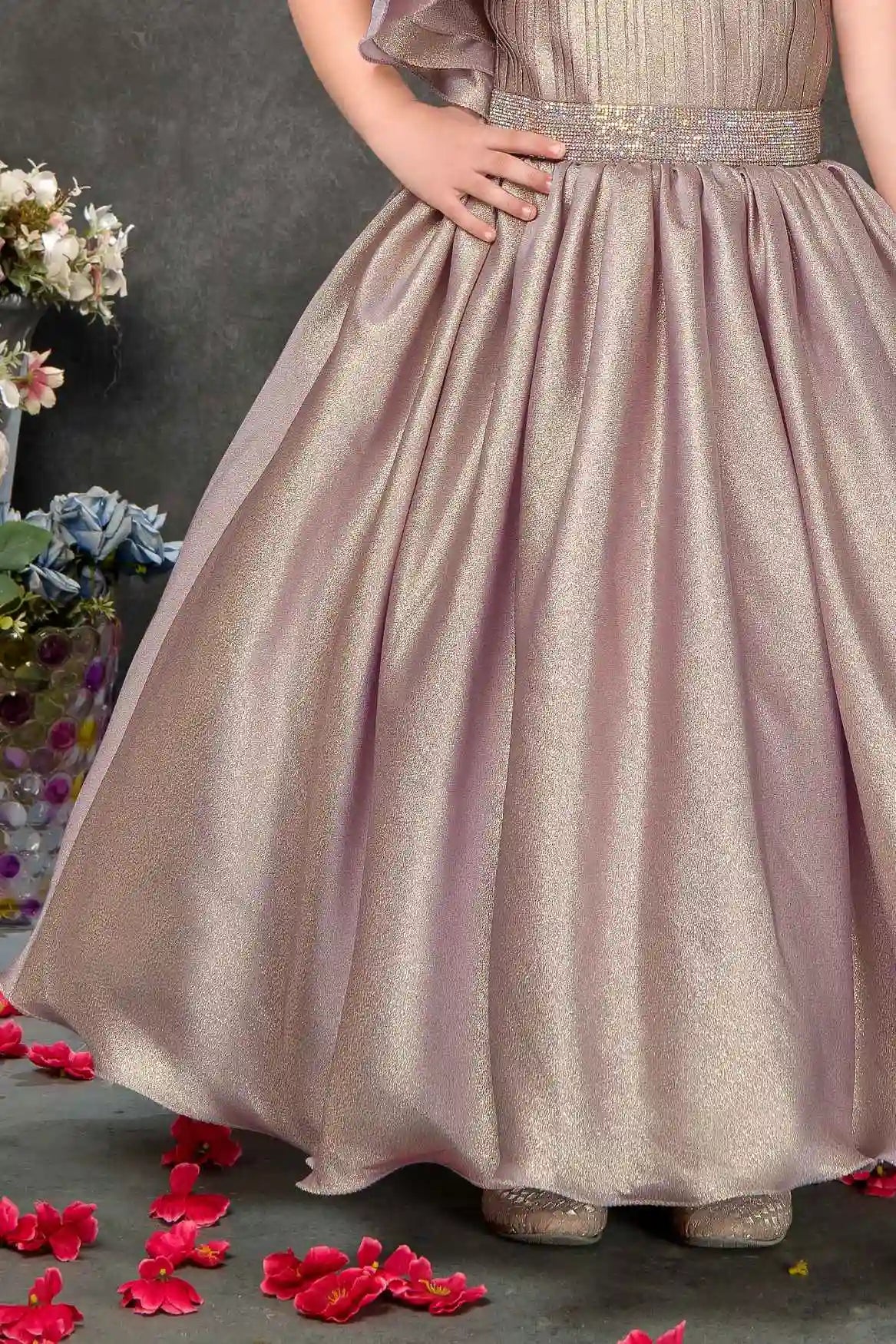 Dusky Pink Floral Embellished Party Gown For Girls
