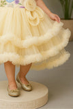 Yellow Embroidered Ruffle Party Frock with Floral Accents For Girls