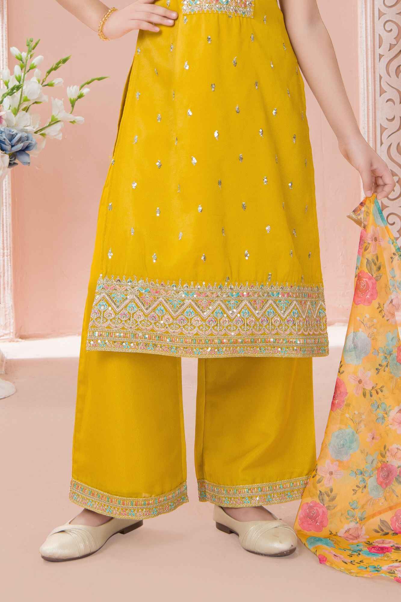 Mustard Yellow Embroidered Kurta Set with Floral Printed Dupatta For Girls