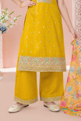 Mustard Yellow Embroidered Kurta Set with Floral Printed Dupatta For Girls