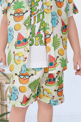 Green Printed Shirt And Short With White T-shirt Set For Boys