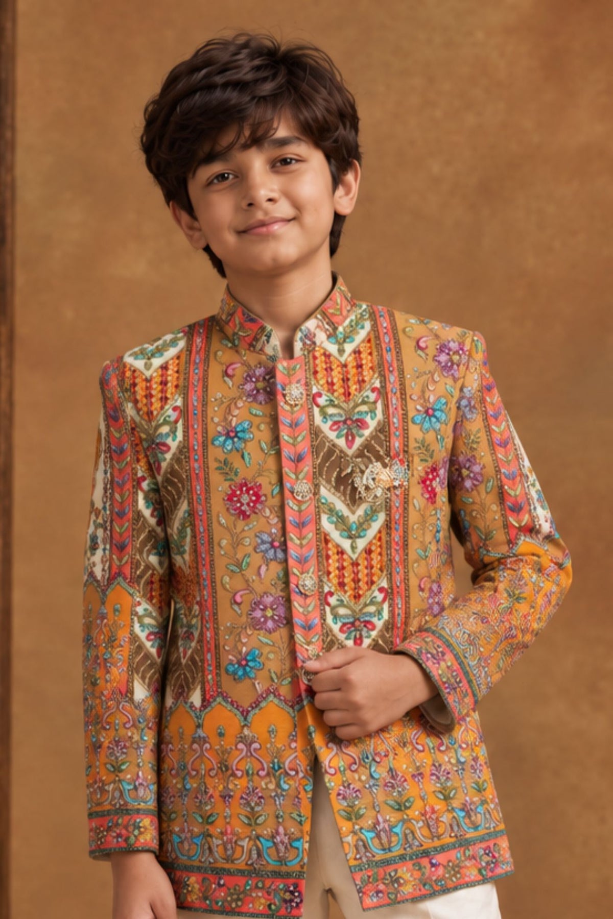 Multicolor Sequin Embroidered Sherwani Set With Pants For Boys