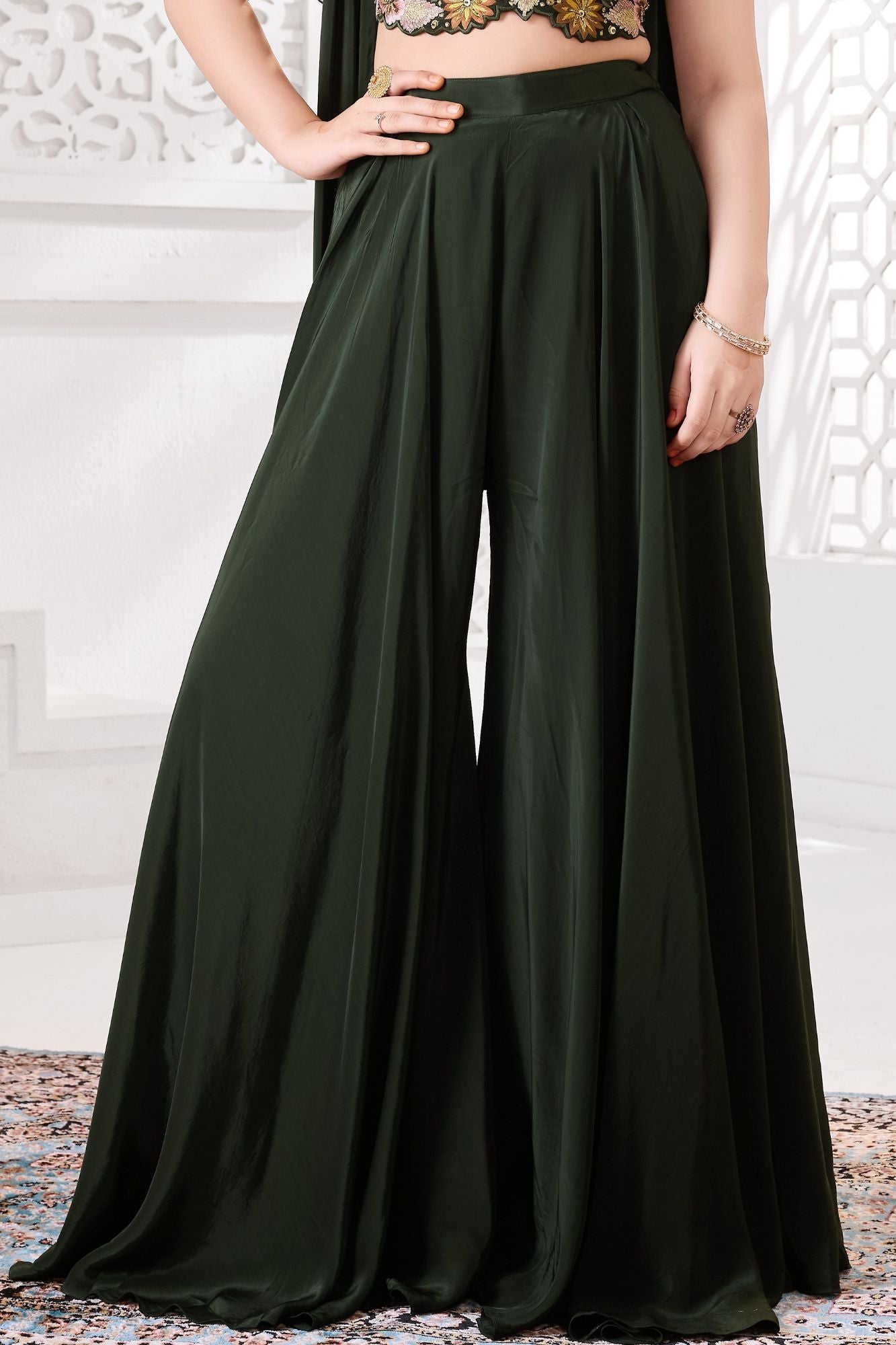 Green Floral Embroidered Palazzo Set with Dupatta For Girls