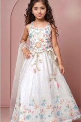 White Sequins Embroidered And Stone Work Lehenga Choli Set For Girls