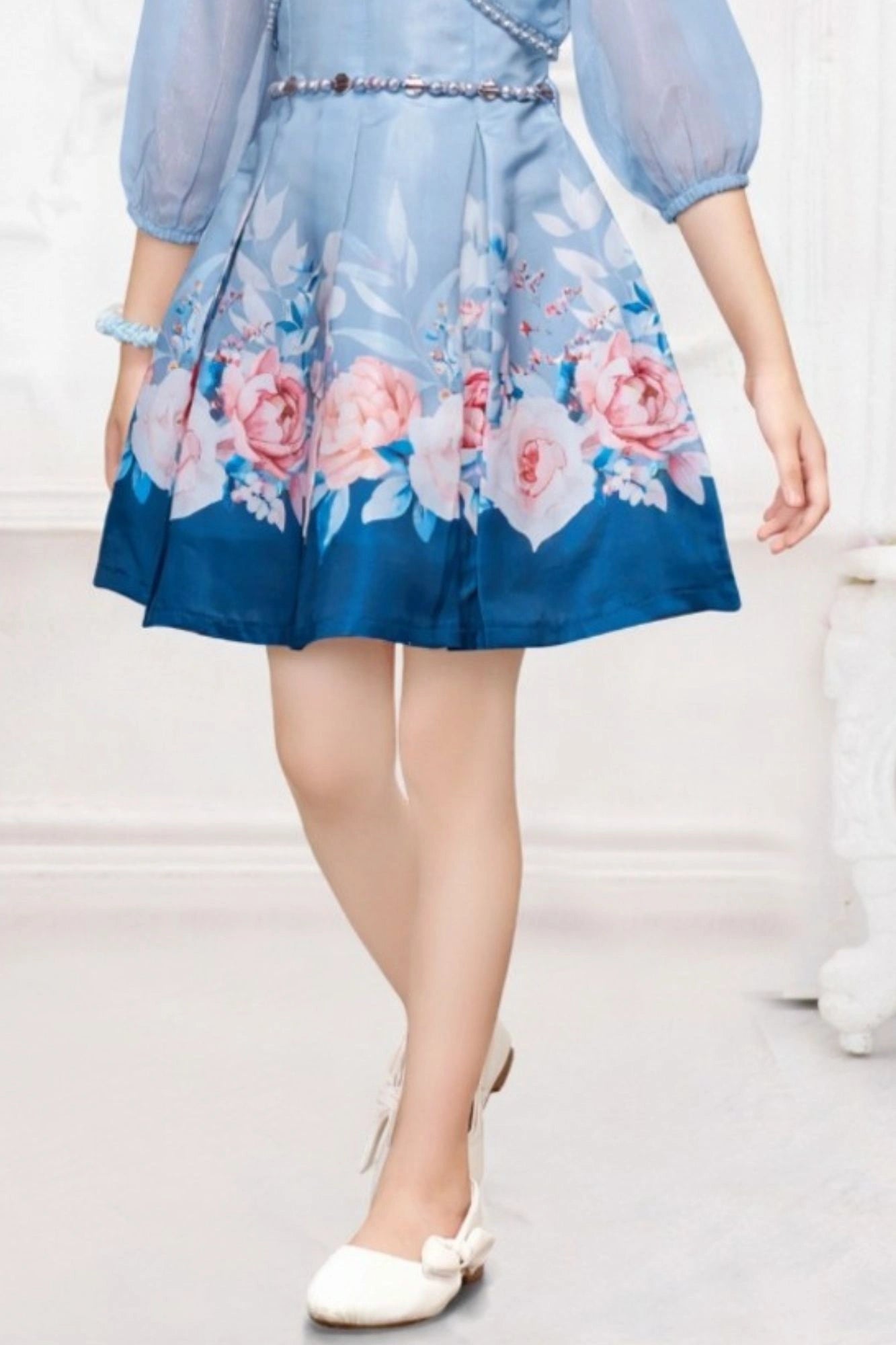 Blue Floral Fit & Flare Party Dress with Jacket For Girls