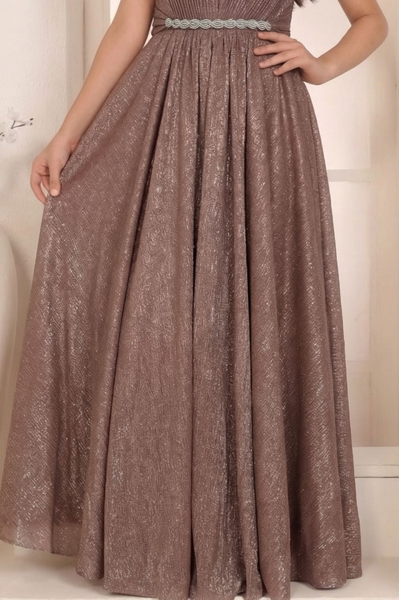Fawn Shimmer Off-Shoulder Party Gown for Girls