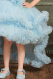 Ruffle Blue Multi-Layered Party Wear Frock With Flower Embellishment For Girls