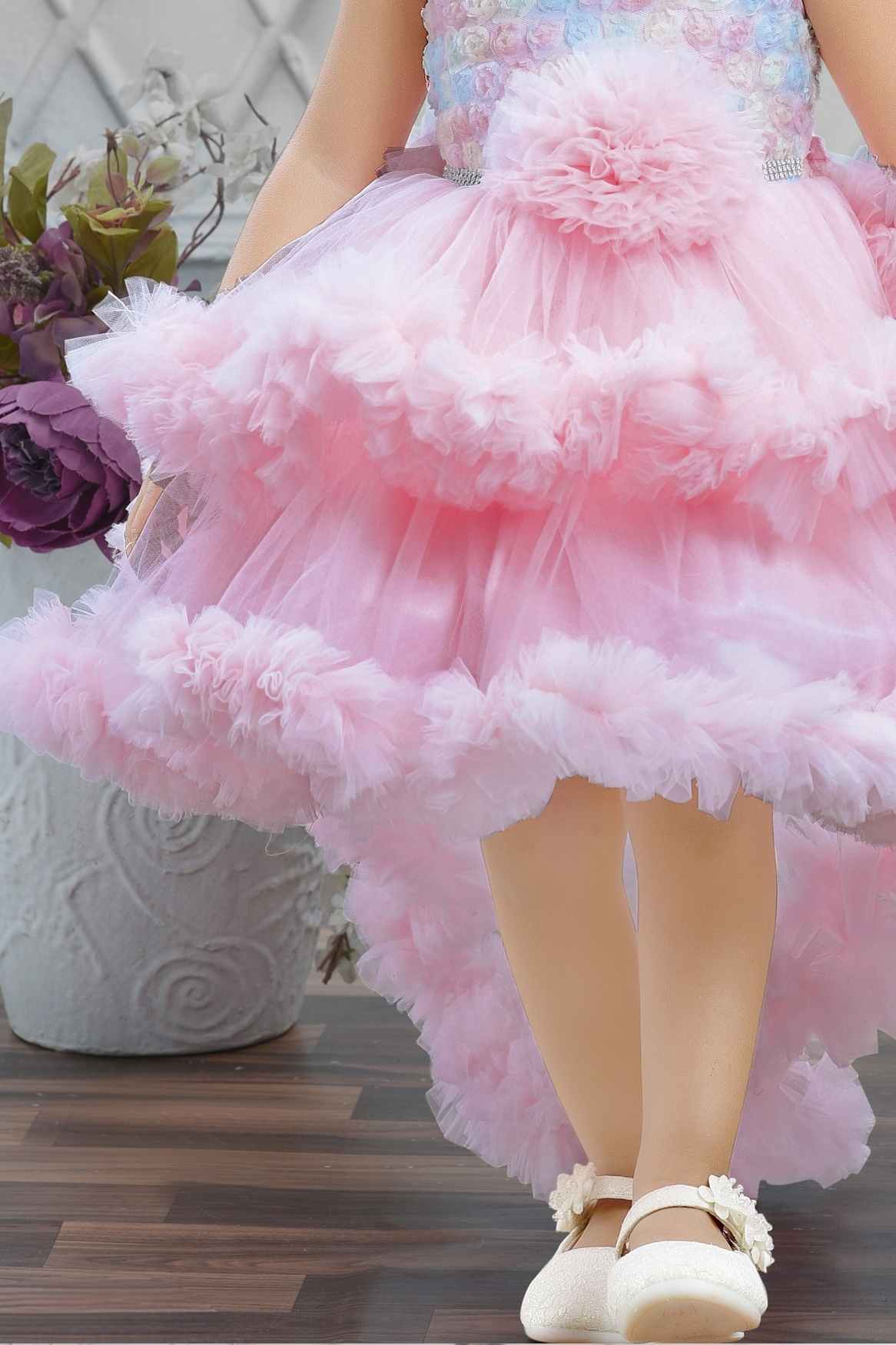 Pastel Pink Tailback Frock With Floral Embellishment For Girls