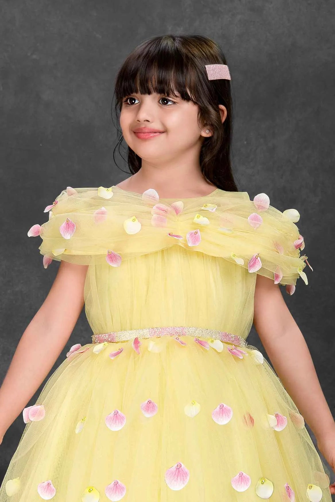 Yellow Floral Petal Embellished Party Gown With Cape Overlay For Girls