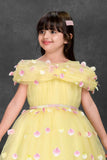 Yellow Floral Petal Embellished Party Gown With Cape Overlay For Girls
