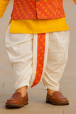 Yellow Kurta with Orange Block Printed Nehru Jacket & White Dhoti Set For Boys