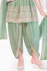 Pista Green Embroidered And Sequin Work Top With Dhoti Bottom Set For Girls