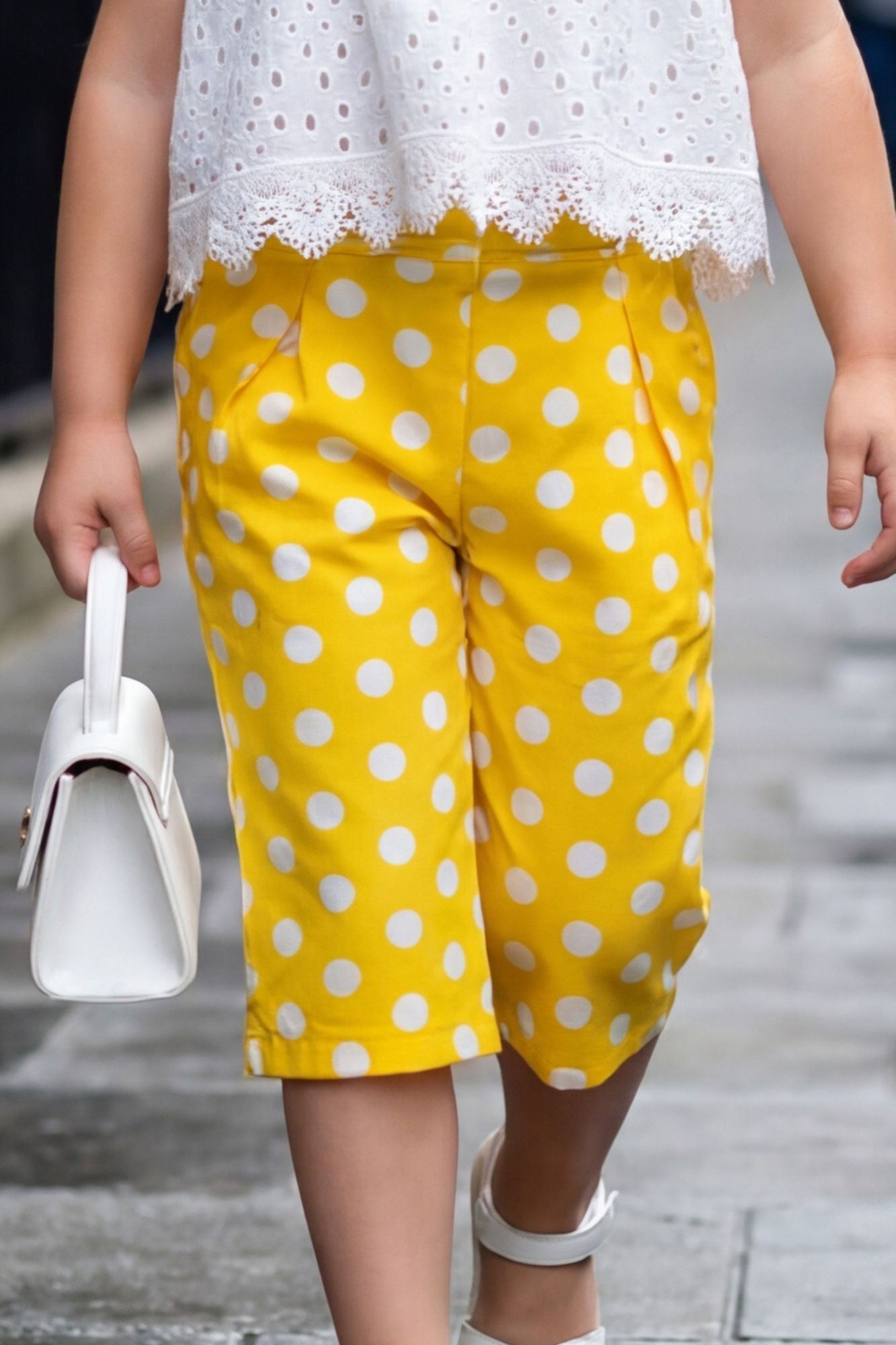 Yellow Polka Dot Pant Set with Lace Top For Girls