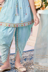 Blue Sleeveless With Sequins Embroidered Dhoti Set For Girls