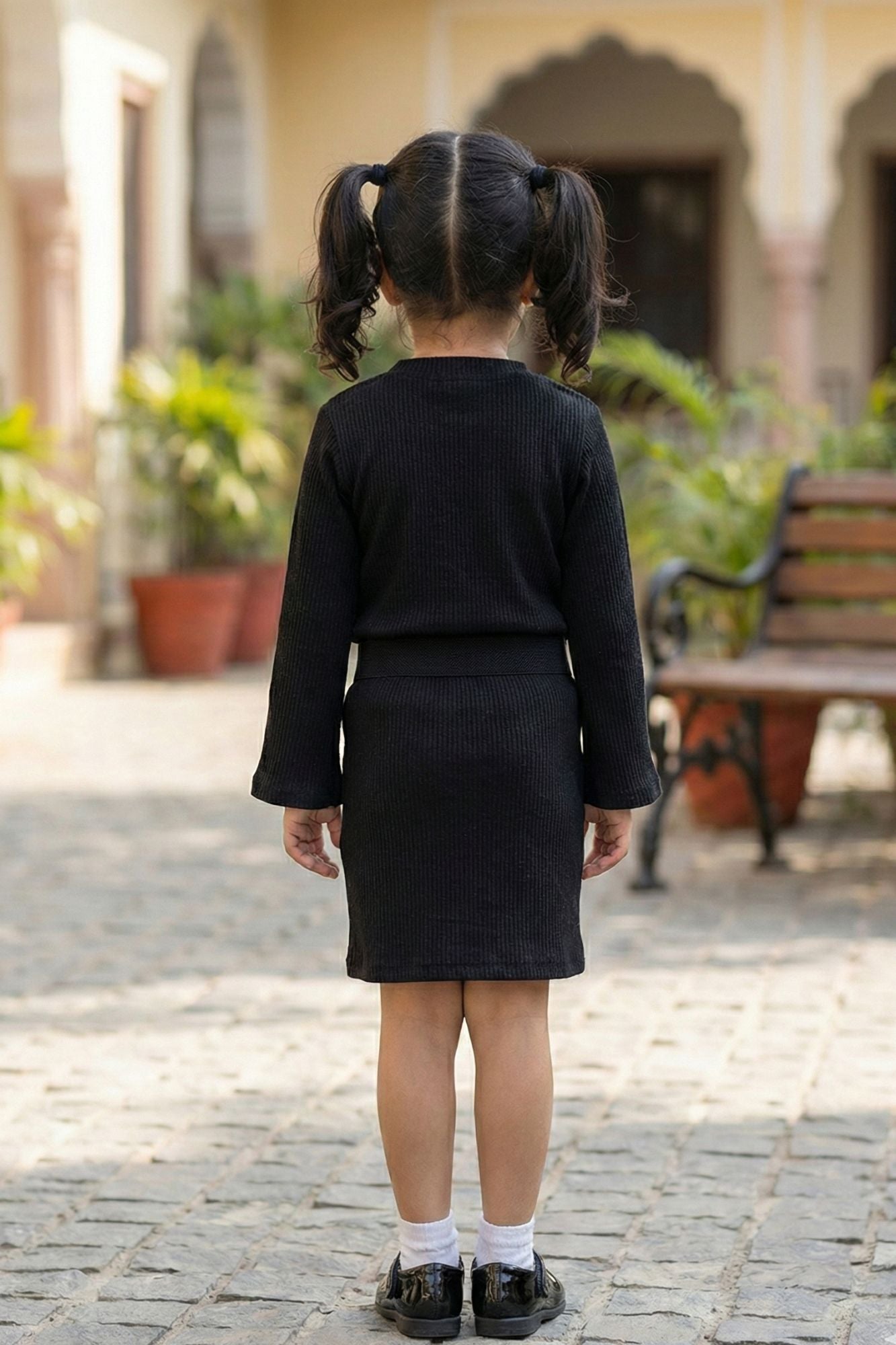 Black Embroidered Top & Skirt Co-ord Set For Girls