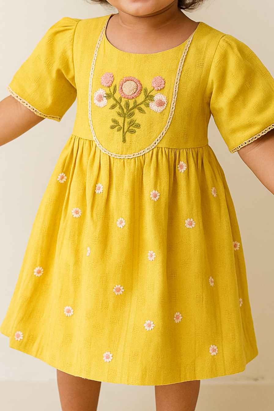 Mustard Yellow Cotton Embroidered Dress For Girls