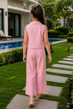 Girls Pink Sleeveless Embroidered Co-Ord Set with Wide Leg Pants