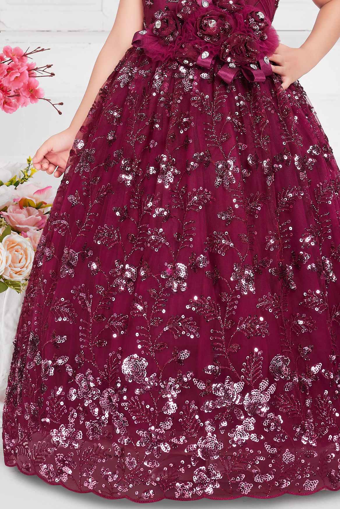 Elegant Wine Sequin Embroidered Gown With 3D Floral Appliqué For Girls