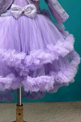 Purple Sleeveless And Bow Embellished Tailback Frock With Sequin Worked Overcoat For Girls