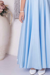 Designer Sky Blue Satin Gown With Stone Waist Band For Girls