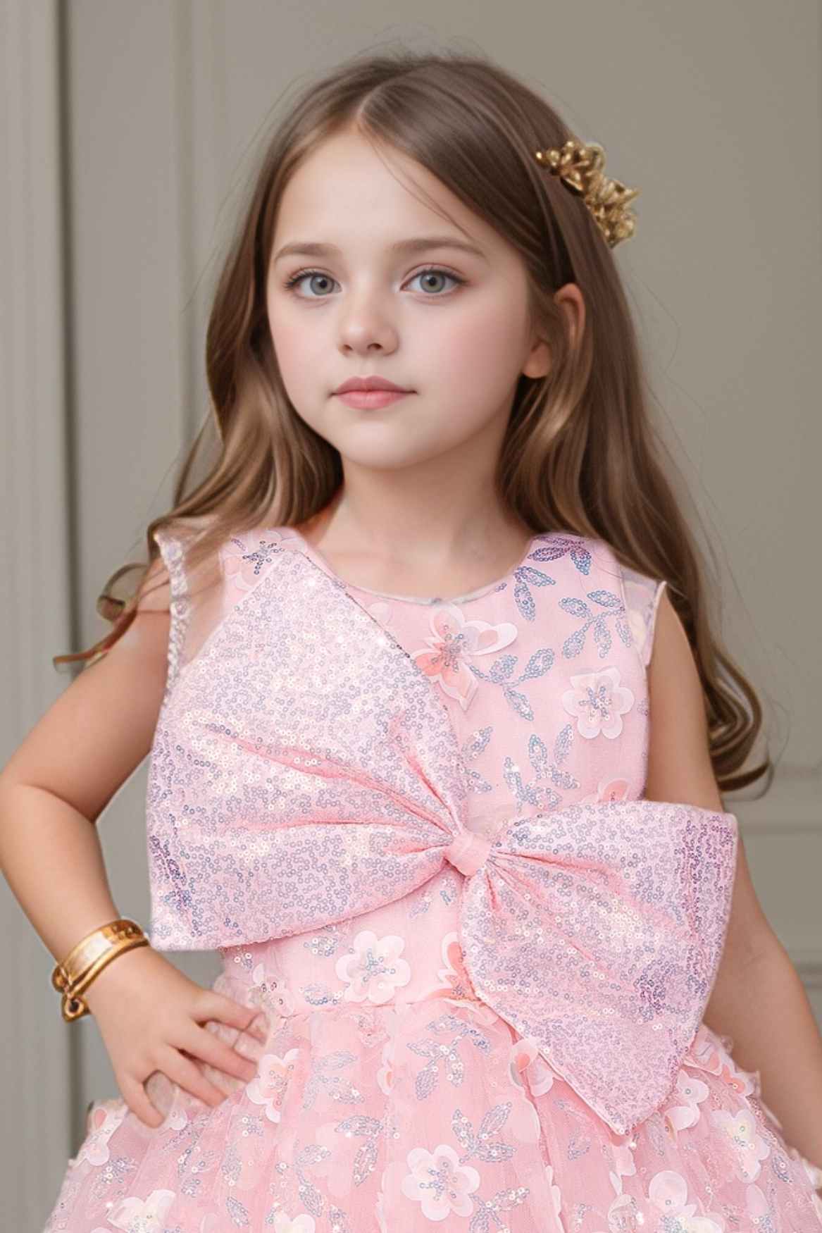 Pink Party Wear Gown With Sequin Flowers And Giant Bow For Girls