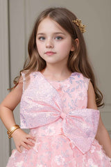 Pink Party Wear Gown With Sequin Flowers And Giant Bow For Girls