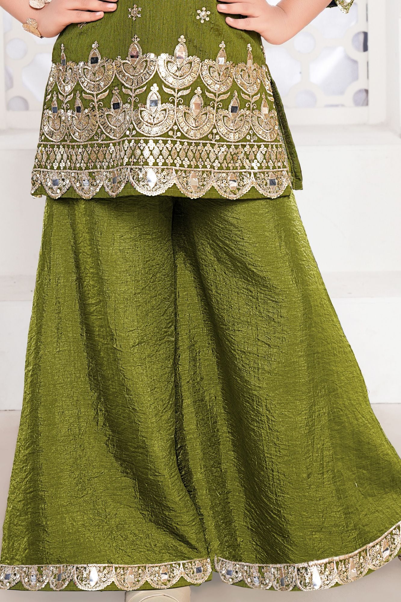 Olive Green Embroidered Palazzo Set For Girls