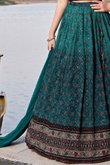 Elegant Rama green Printed Lehenga Choli With Dupatta For Girls